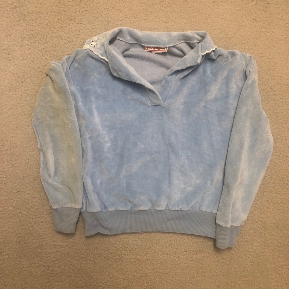Vtg Foxmoor Light Blue Velour Pullover Sweatshirt Scalloped Lace Collar 70s 80s